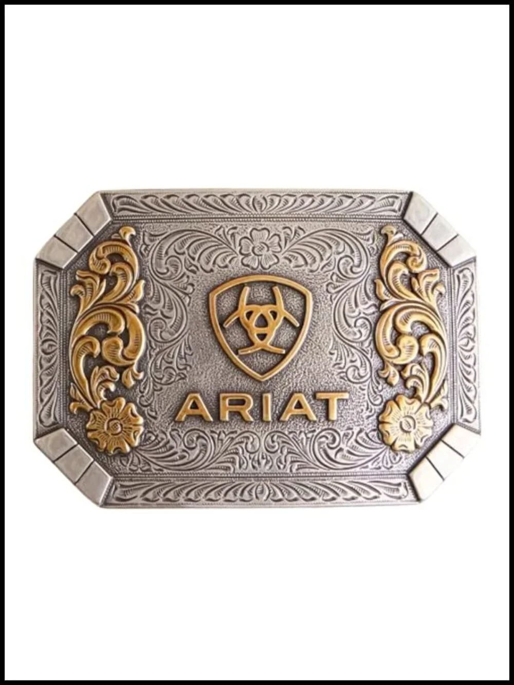 Vintage Style Floral Rectangle Belt Buckle, Polished Metal, Western Cowboy